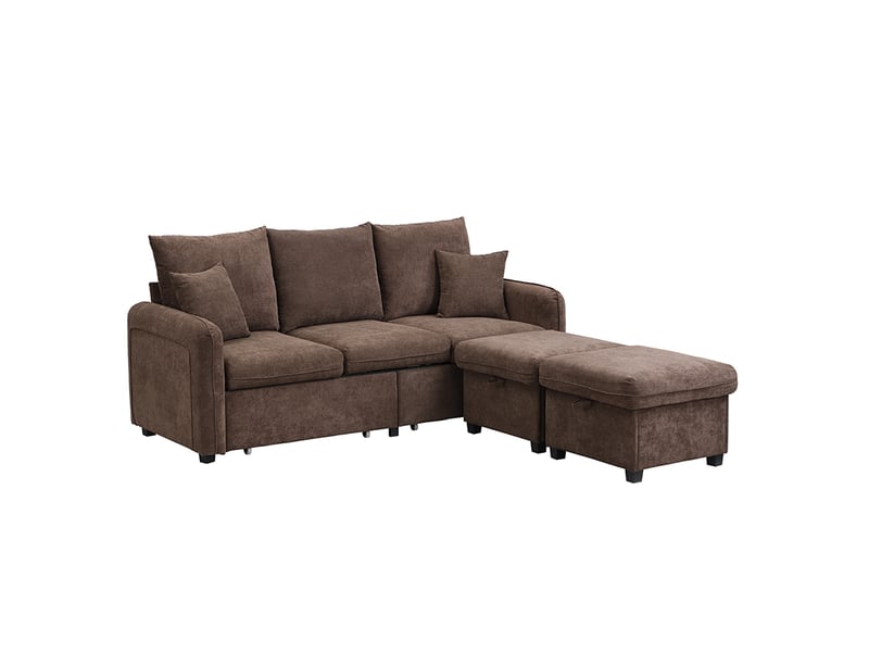  Canapé d'angle 3 places en tissu chenille, canapé modulable avec deux poufs, convertible en lit, rangement intégré, marron antique  - Conforama B