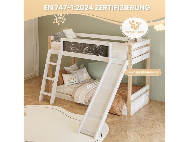  Lit superposé enfant 90x200, garde-corps haut sécurité renforcée lit superposé, structure bois robuste, toboggan escalier intégré, gain d'espace  - Conforama D
