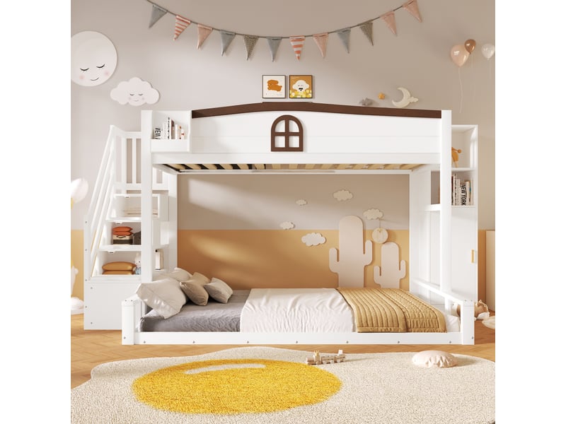  Lit superposé en bois 90x200 et 140x200 cm avec escalier de rangement, armoire intégrée, blanc evarich - Conforama E