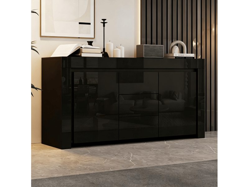 Buffet bas avec 2 portes et 3 tiroirs, led et étagères réglables, noir brillant pour salon en mdf 140 × 40 × 65 cm - Conforama D