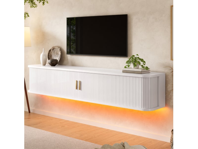  Meuble tv mural 175 cm avec portes coulissantes et led réglable, mdf blanc  - Conforama C