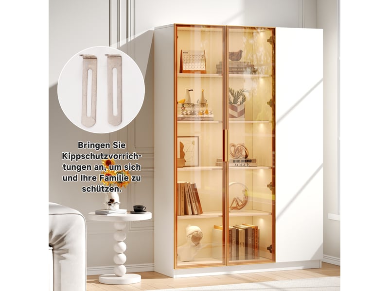  Vitrine 110x35x165 cm en mdf, 3 portes dont 2 vitrées, led multicolore, étagères réglables et anti-basculement - blanc  - Conforama D