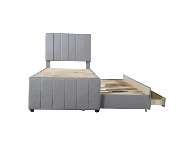 Lit rembourré jeune 90x200 cm avec 1 lit gigogne 90x190 cm et 3 tiroirs, lin et mdf, gris (sans matelas) - Conforama D