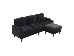 Canapé 4 places avec pouf en chenille douce 196,5 cm - rangement, porte-gobelets, poches latérales