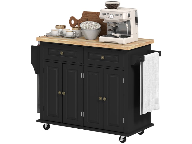 Desserte îlot de cuisine 2 tiroirs 2 placards mdf et bois d'hévéa noir 111 x 44 x 82 cm  - Conforama B