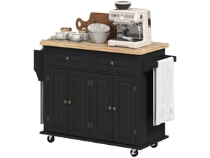 Desserte îlot de cuisine 2 tiroirs 2 placards mdf et bois d'hévéa noir 111 x 44 x 82 cm
