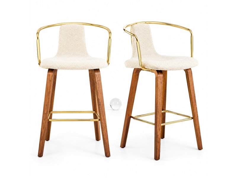  Lot de 2 tabourets de bar 42 cm avec accoudoirs ergonomiques, pieds en bois et repose-pieds en métal, couleur blanc  - Conforama A