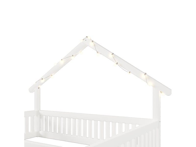  Lit cabane enfant 140 × 200 cm 2 places avec barrières de sécurité et éclairage led, sans matelas, en bois blanc  - Conforama E