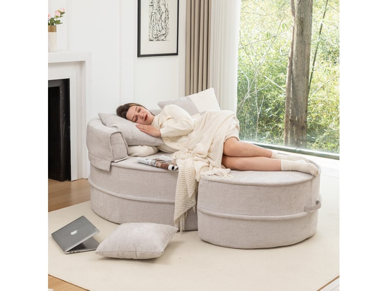  Fauteuil rond tcqpz avec ottomane 163 x 121 x 66 cm 5 coussins tissu chenille gris  - Conforama C