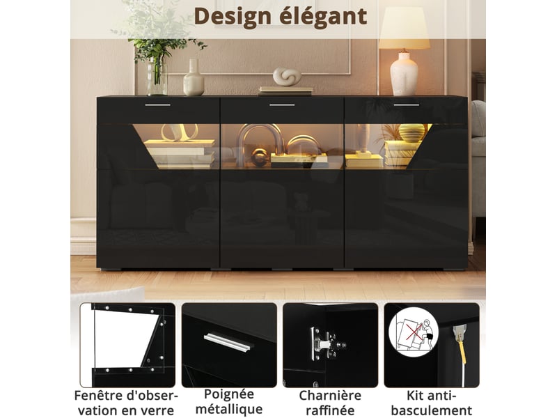 Buffet 160x38x78 cm avec 3 portes led commandée par application panneau de particules couleur noir - Conforama E