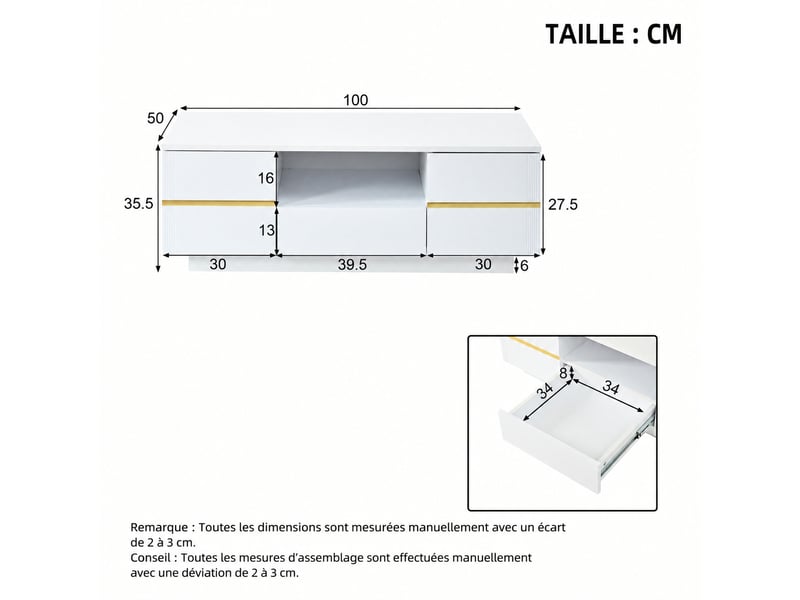  Table basse blanche et dorée avec led, 2 portes et rangement, 100 x 50 x 35,5 cm  - Conforama E