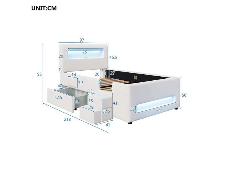  Lit enfant 90x200cm, escaliers, tiroirs, bandeaux led et espace de rangement, design confort, mdf, pu blanc sans matelas  - Conforama C