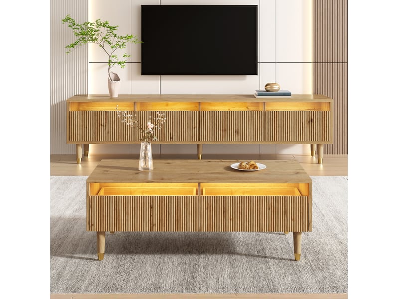 Ensemble meuble tv et table basse avec led en mdf, finition bois et doré - Conforama B