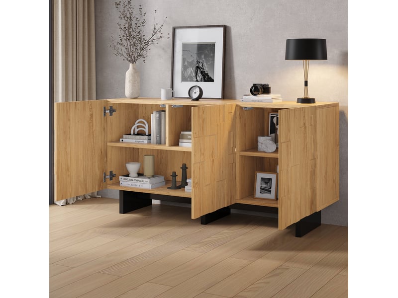 Buffet de rangement 140 x 40 x 70 cm – naturel – 3 portes push-to-open, 5 compartiments et fermeture douce - Conforama B