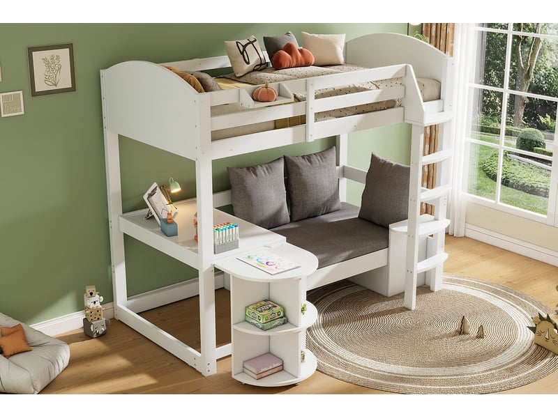  Lit mezzanine enfant 90x200 bois massif blanc avec bureau escamotable canapé et rangement  - Conforama W