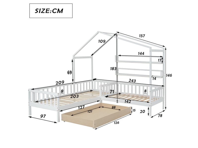 Lit cabane enfant 90x200 cm + 140x70 cm – lit combiné avec tiroirs et étagères intégrées – blanc – sans matelas - Conforama D