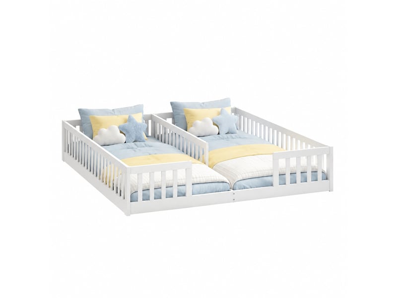  Lit bas enfant 2 places 90×200 cm et 90×200 cm avec barrières  - sans matelas, pin et mdf - blanc  - Conforama A