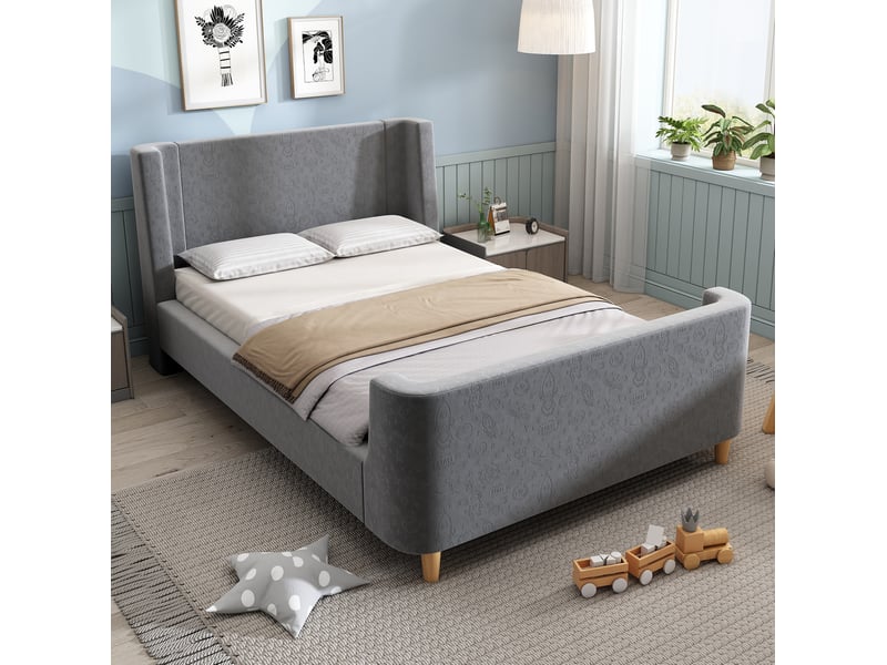  Lit enfant traîneau 90x200 cm gris en velours à motif spatial  - Conforama B