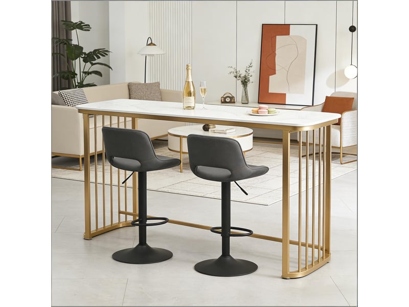  Lot de 2 tabourets de bar pivotants avec hauteur réglable et dossier ergonomique, en lin et métal gris  - Conforama C
