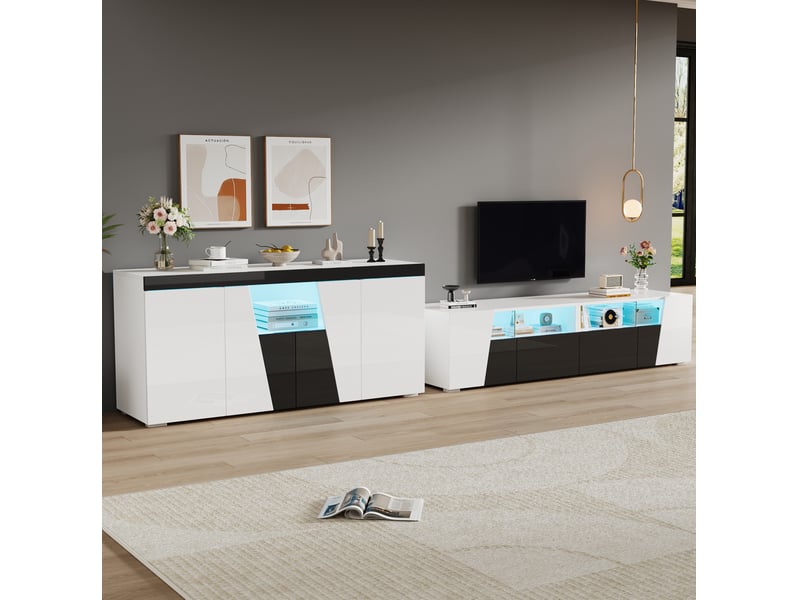  Ensemble meuble tv 180 cm et buffet 140 cm avec éclairage led, blanc et noir  - Conforama B