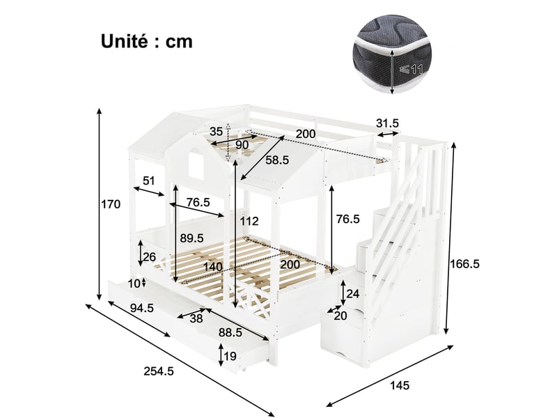  Lit superposé enfant, lit 2 couchages avec 2 tiroirs, 4 compartiments et toit, 90x200 et 140x200 cm, sans matelas  - Conforama D