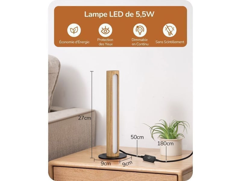  Lampe de chevet led tactile 3 températures 3000 4500 6000k bois beige eh1307 370618_AAAYU30214_6_DROPFR - Conforama D