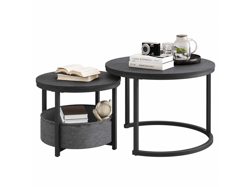  Tables basses rondes gigognes 2 pièces, style industriel, métal et bois, avec rangement, salon  - Conforama A
