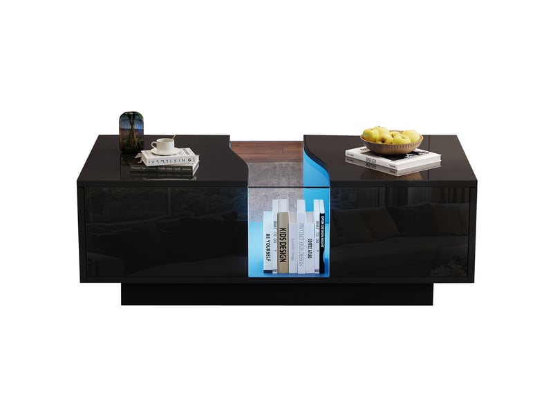  Table basse led 100x50x35 cm noire brillante avec 2 tiroirs et panneau acrylique  - Conforama A