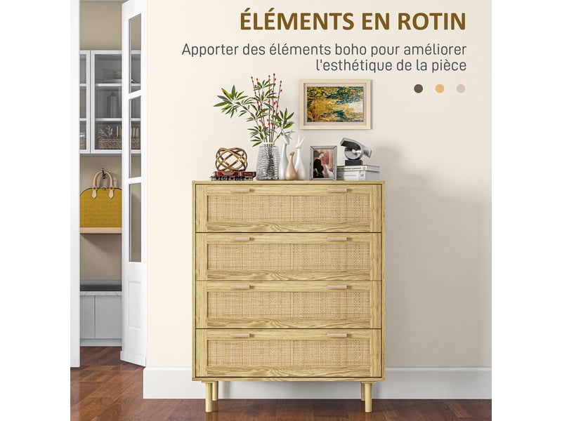  Commode 4 tiroirs meuble de rangement façade tissage en rotin bohème style dim. 90l x 45p x 108,5h cm aspect bois clair  - Conforama A