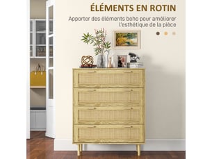 Commode 4 tiroirs meuble de rangement façade tissage en rotin bohème style dim. 90l x 45p x 108,5h cm aspect bois clair