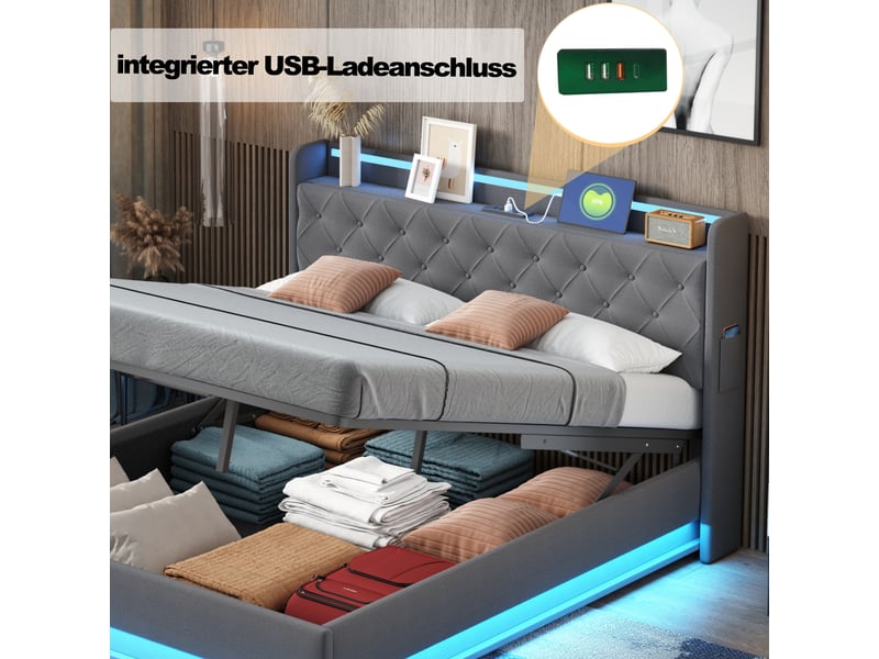  Lit capitonné led 160*200 cm gris, port usb et coffre hydraulique, tissu lin pour chambre  - Conforama D