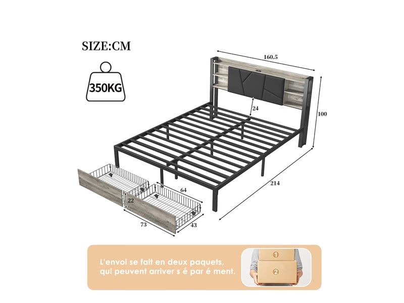  Lit double en fer et bois - 160x200 cm gris - led rvb variable - 2 tiroirs - tête de lit avec rangement et prises usb  - Conforama B