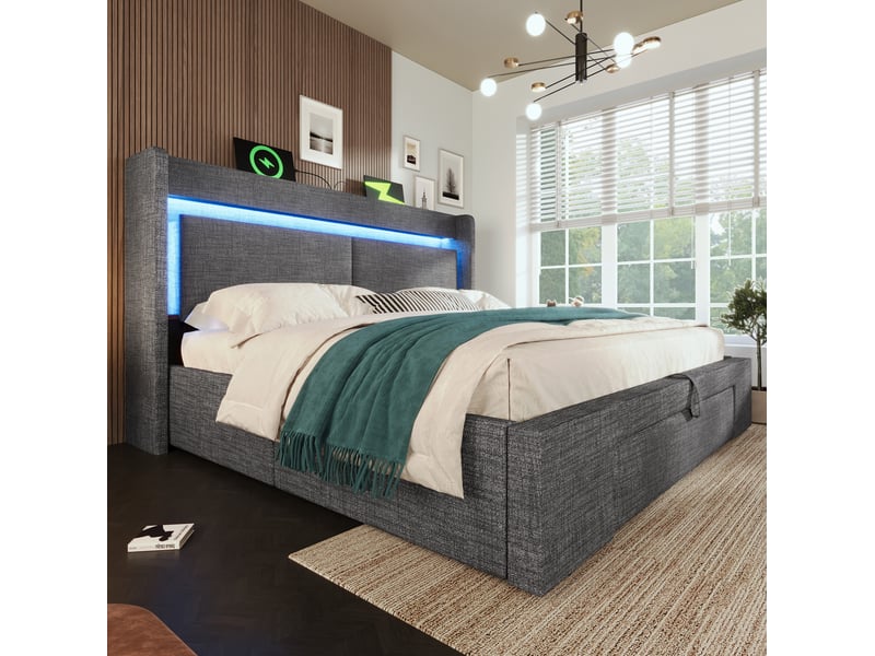  Lit rembourré 160x200 cm gris en lin, rangement hydraulique, led, usb c, avec matelas inclus  - Conforama B