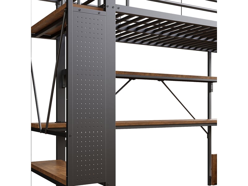  Lit mezzanine avec bureau intégré et rangements, 140x200 cm, structure métal et mdf, noir  - Conforama W