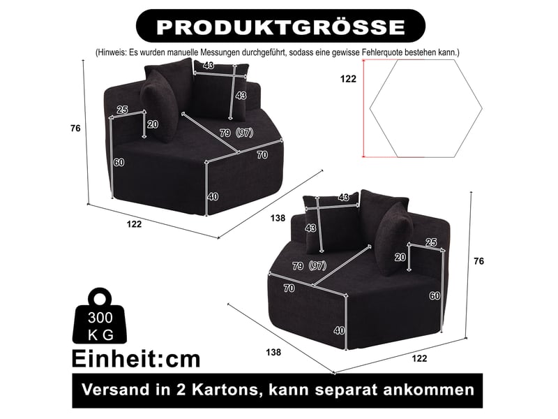 Fauteuil modulaire hexagonal avec 3 coussins et revêtement en chenille bouclée, style moderne noir 122 × 138 × 76 cm - Conforama E