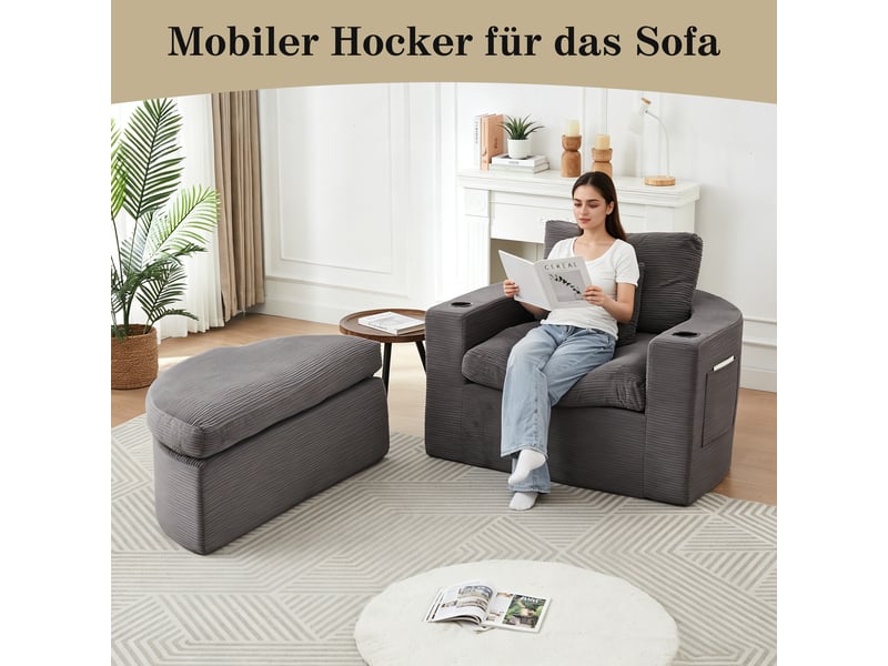  Canapé 1 place avec repose-pieds, rangement latéral et porte-gobelet, fauteuil lounge, velours côtelé, gris OMNIGLINT TRADING LTD - Conforama E