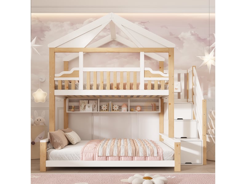 Lit superposé cabane 90x200140x200cm avec toit diamant, escalier de rangement, étagère suspendue et sommiers, norme en 747, sans matelas, blanc et bois naturel evarich - Conforama E