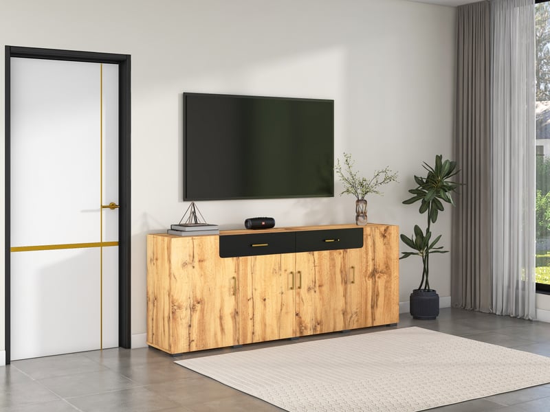  Buffet blanc et marron 208 x 39,5 x 80 cm panneau de particules 4 portes 2 tiroirs rangement avec kit outils et guide installation Sol Morn - Conforama E