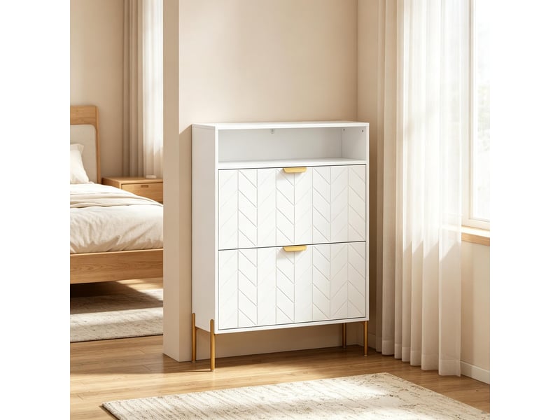  Meuble à chaussures modèle slim, 16 paires, 2 compartiments basculants, niche ouverte, rangement entrée  - Conforama D