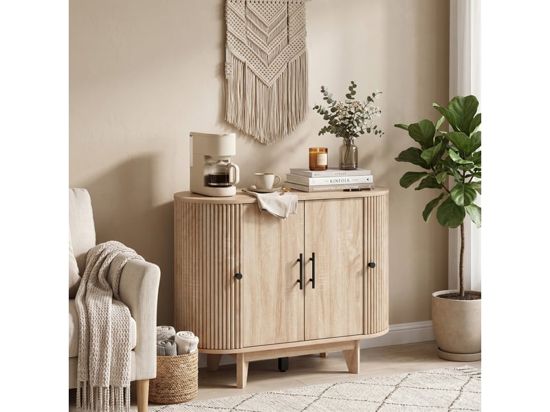 Buffet salon, meuble de rangement ovale avec 4 portes et étagères réglables, 90 x 40 x 76 cm, chêne - Conforama D