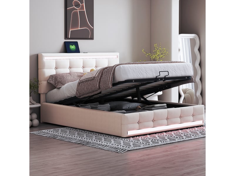 Lit capitonné 140x200 cm en lin beige avec led, usb, coffre et tête réglable, et sommier  - Conforama C