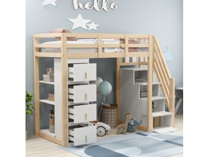 Lit mezzanine 90x200cm, li enfant avec 4 tiroirs, étagères, escalier, espace de rangement et sommier, pin+mdf, blanc+bois, sans matelas