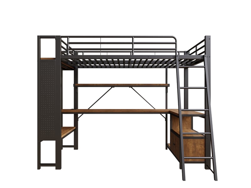  Lit mezzanine 90x200 cm noir avec led, bureau, étagères, panneau perforé et usb  - Conforama A