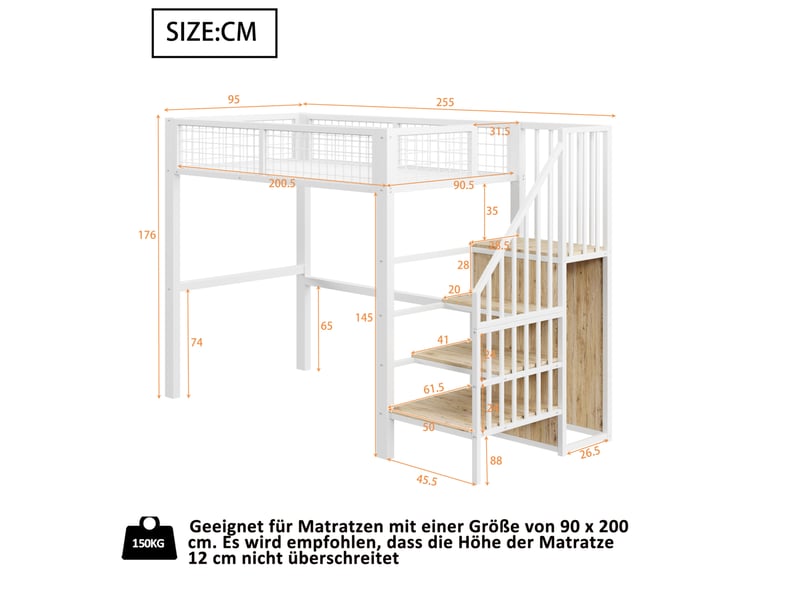 Lit mezzanine enfant 90x200 cm avec escalier et rangement, blanc  - Conforama E