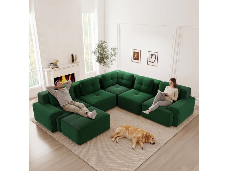 Canapé panoramique modulable modenvie 5 places avec ottomane en velours côtelé vert, convertible, 295 x 295 x 69 cm - Conforama D