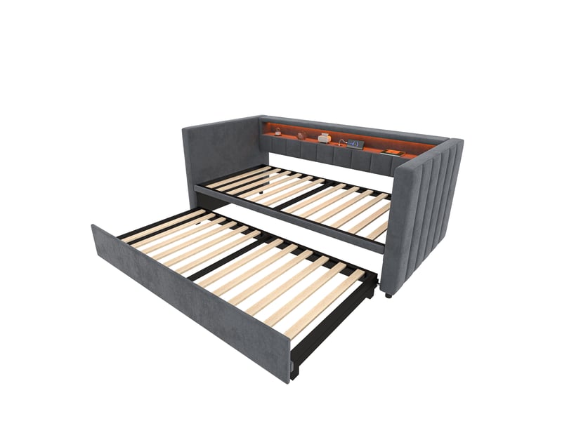 Canapé-lit convertible velours gris 90x190 cm avec led usb-c rangement multifonctionnel - Conforama D