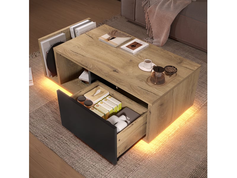  Table basse 99,5x53x38 cm avec led, bois et métal, naturel  - Conforama D