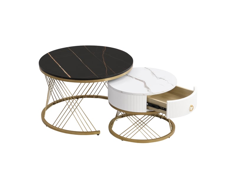 Table basse, effet marbre, lot de 2, 2 tiroirs, pieds en métal, design moderne et fonctionnel pour salon - Conforama A