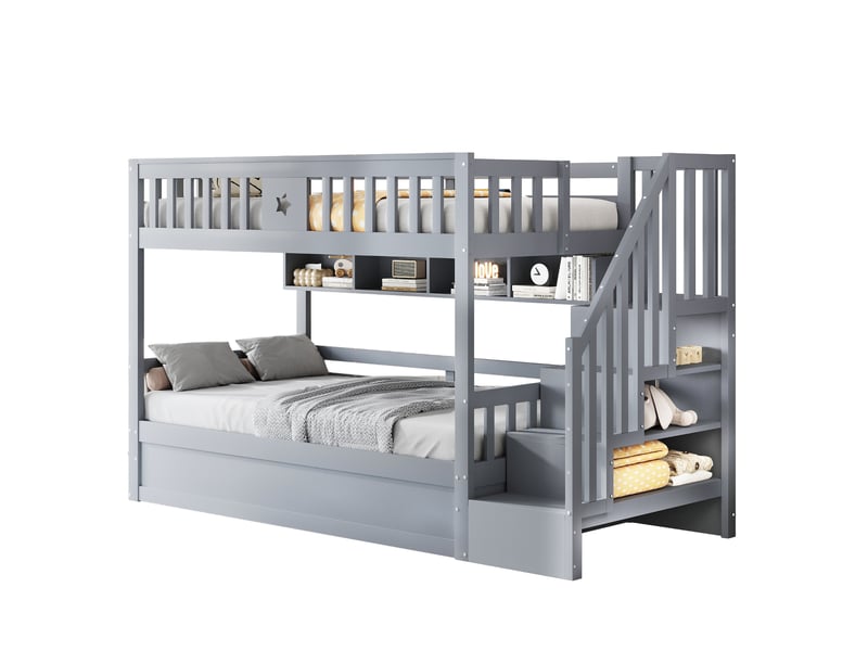 Lit superposé 90x200 cm - lit simple enfant avec escalier fonctionnel et rangements - structure robuste - en pin et mdf - gris - sans matelas - Conforama A