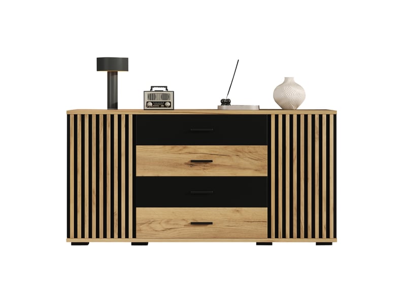  Buffet bas 140x35x70 cm, avec 2 portes, 4 tiroirs, étagères réglables, rainures verticales, mdf noir, rangement salon  - Conforama A